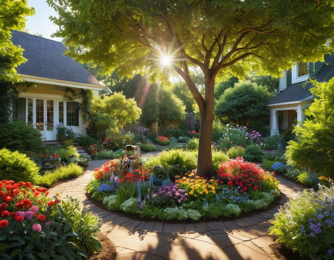 A lush garden scene featuring a variety of healthy, vibrant trees, each with unique shapes and colors, showcasing proper pruning techniques. A loving gardener is gently tending to one of the trees, surrounded by gardening tools and blooming flowers. The sunlight filters through the leaves, casting playful shadows on the ground. The atmosphere feels nurturing and peaceful. super-realistic. vibrant colors. soft focus.