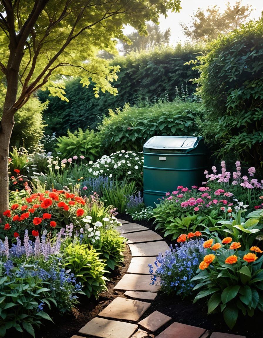 A picturesque garden scene showcasing diverse blooming flowers and lush greenery, with a couple tenderly nurturing the plants together, symbolizing love and connection. Include elements of sustainable landscaping like a compost bin, rainwater harvesting system, and native plants. The sunlight filters through the trees, creating a warm and inviting atmosphere. Use a soft color palette to evoke tranquility and romance. vibrant colors. super-realistic.